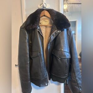 Classic Black Leather Bomber Jacket with Fur Collar